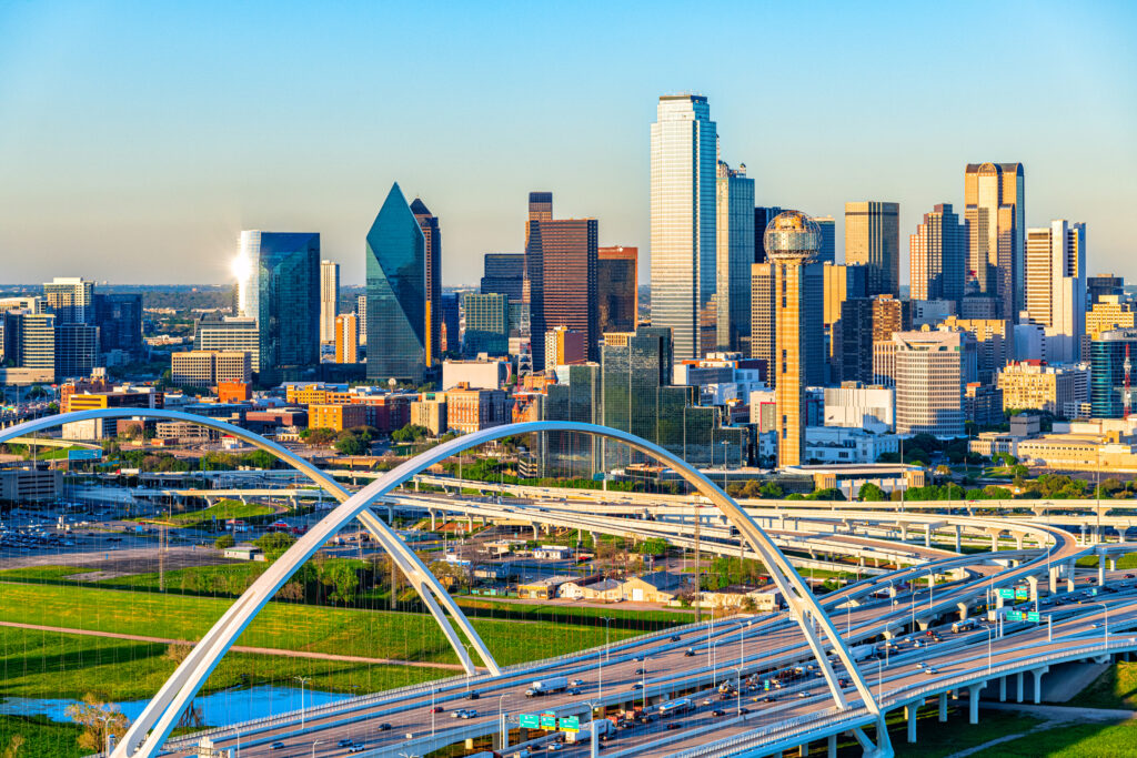 Beautiful downtown Dallas, Texas shot via helicopter from an altitude of about 500 feet at dusk on an early spring evening.