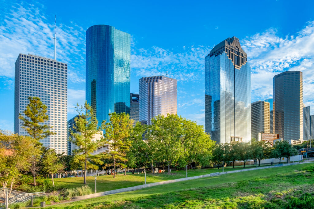 skyline of Houston under blue sky with park in foreground
