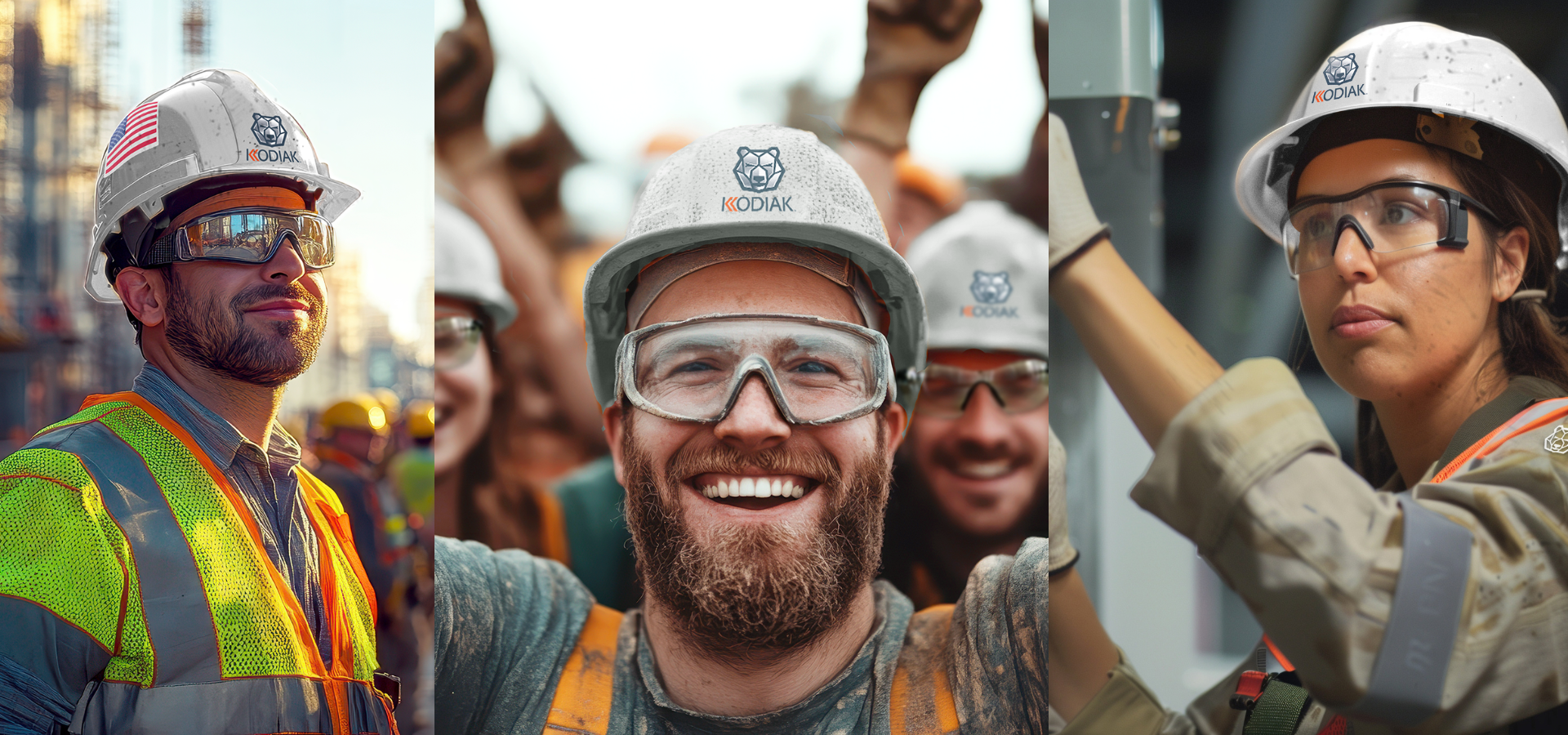 New Hero for Job Postings Page Kodiak craft professionals in the field. A man looking off into the distance, a man smiling for a group picture. A woman working on an electrical panel.