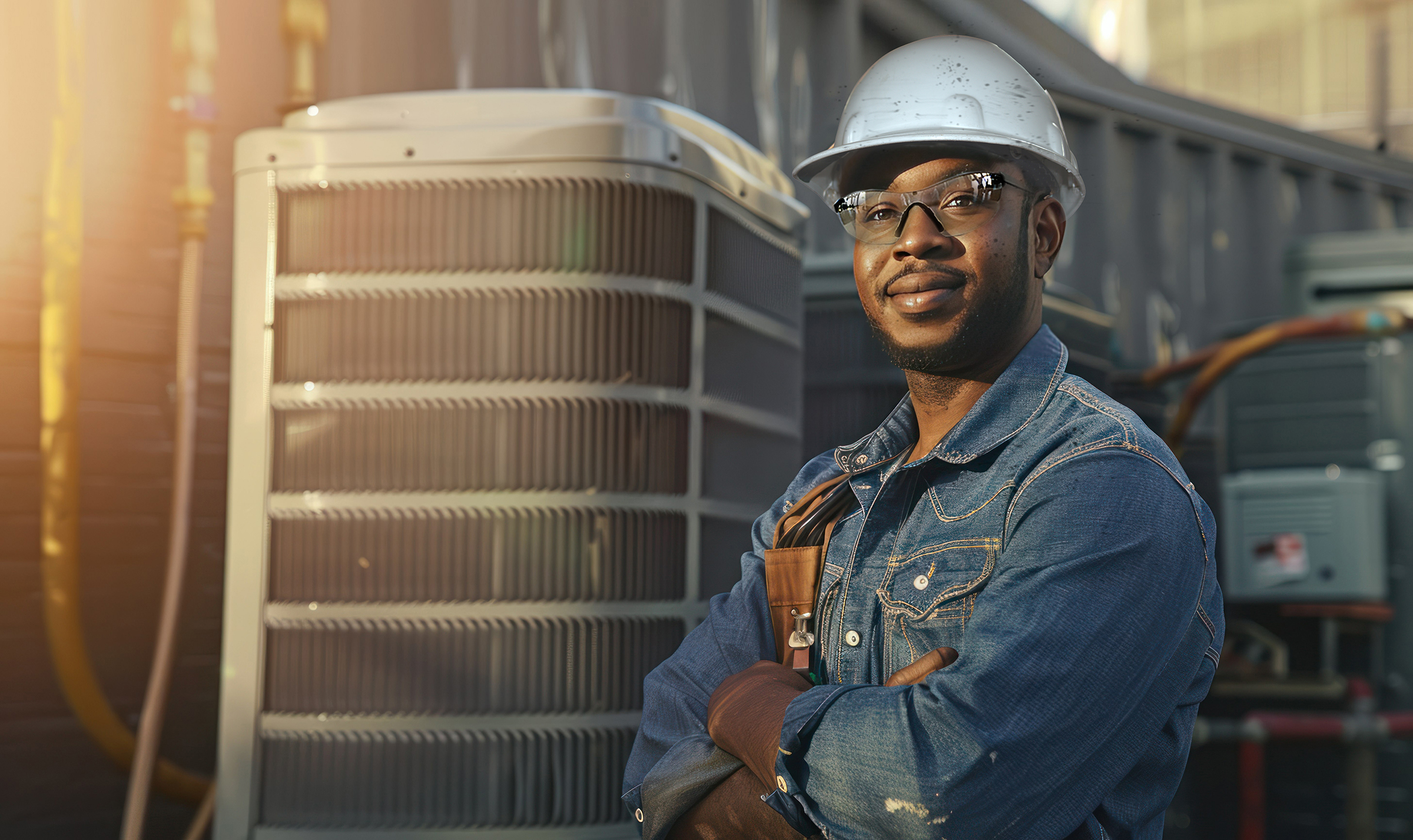 A photorealistic image of an air conditioning technician proudly displaying their completed work, conveying a sense of accomplishment and satisfaction. ,realistic --ar 16:9 Job ID: 51f2a78d-6d0e-4abb-a831-8feda7097eff