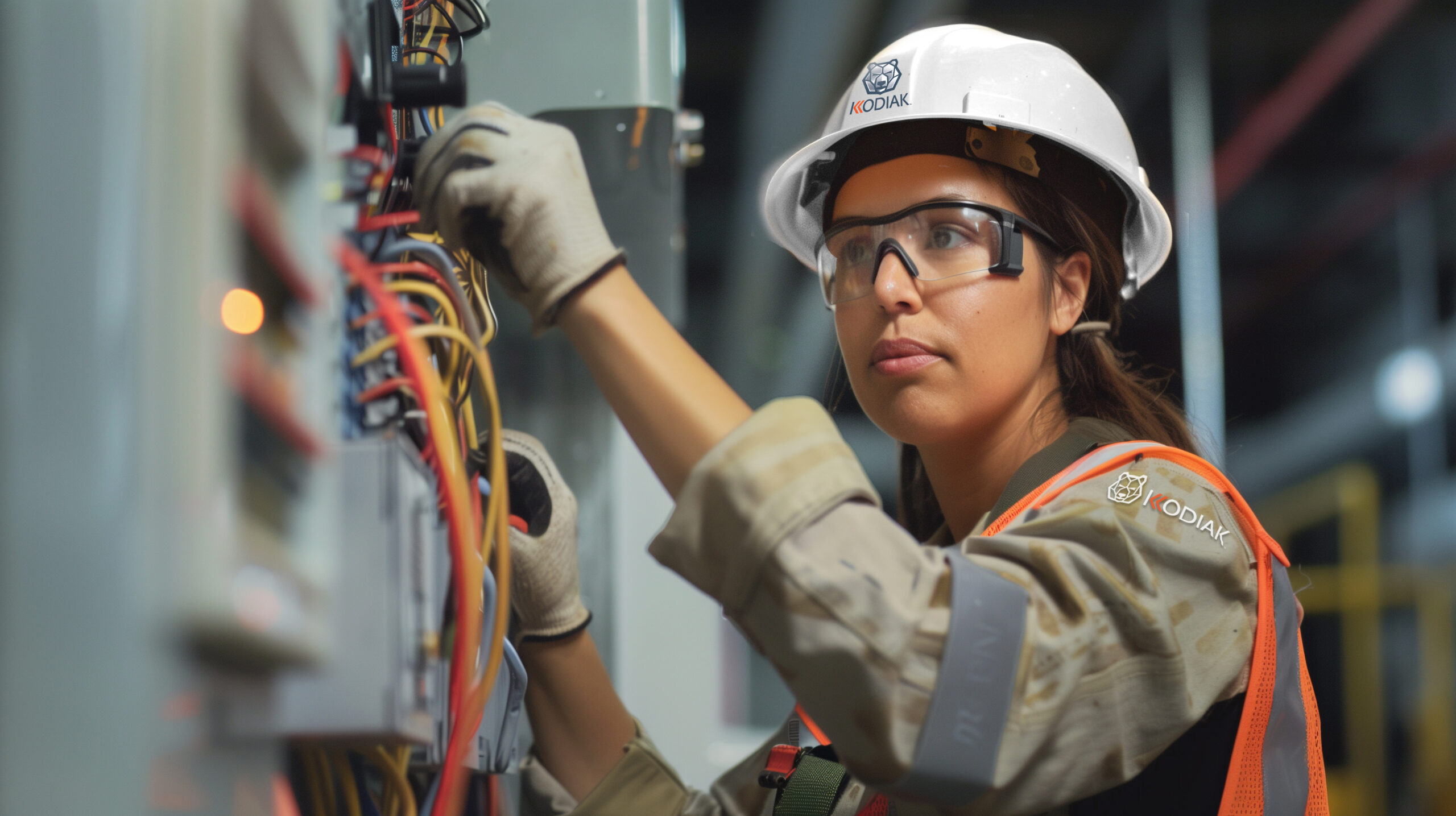 Female commercial electrician working on a fuse box, wearing saf