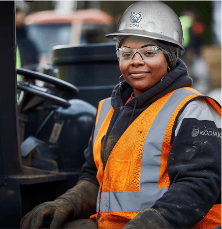 Construction worker standing beside heavy equipment